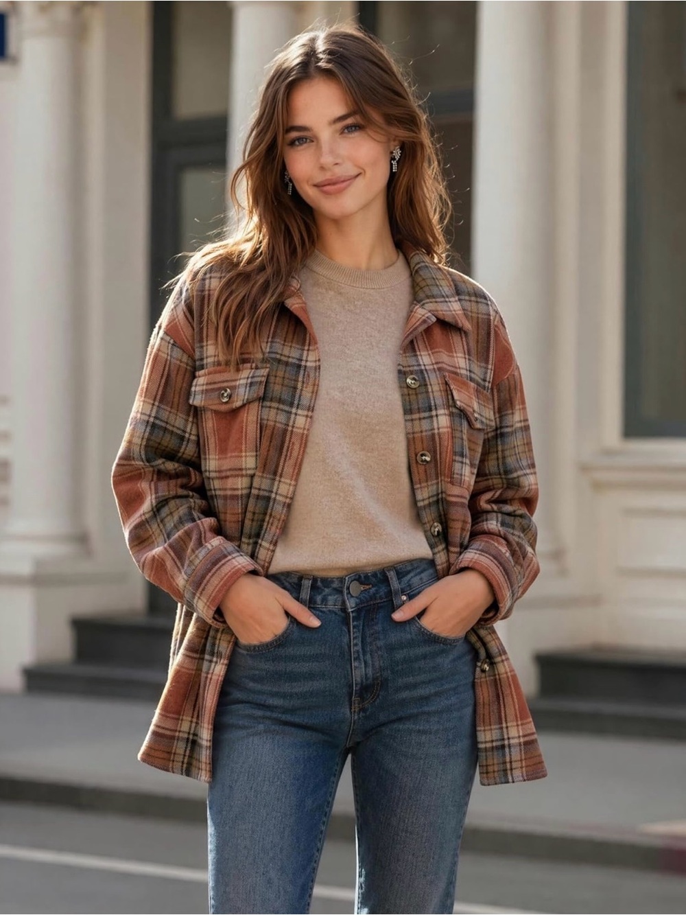 Plaid Button-Up Shacket Jacket in Rust Multi - Picture 3 of 8